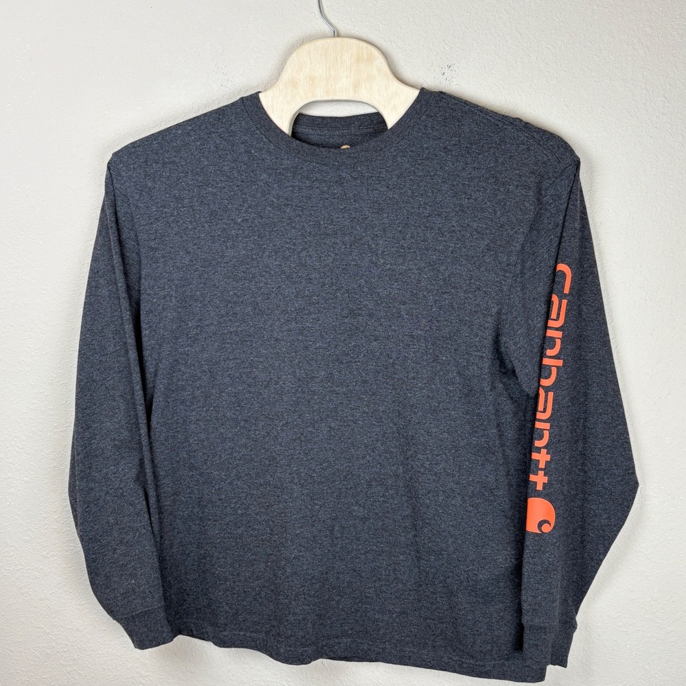 Carhartt Mens Large Long Sleeve Crew Neck T-Shirt Grey Orange Logo